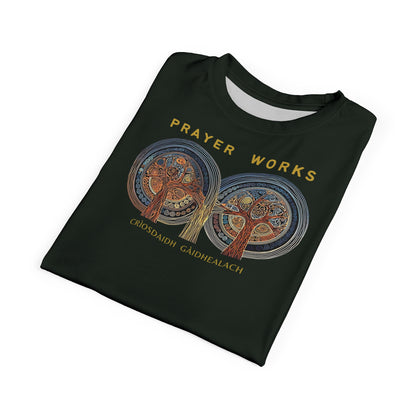 "Prayer Works – Gaelic Christian", Wearable Fine Art Unisex T-shirt (Blackstone Green)