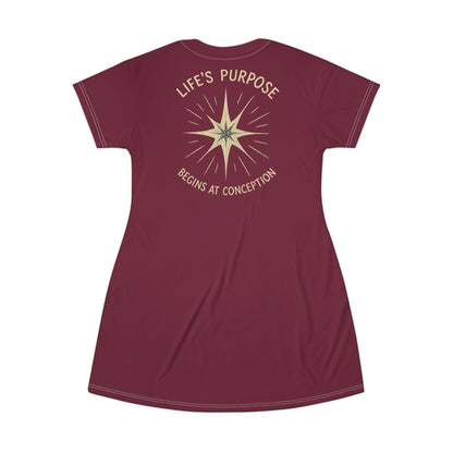 "Life's Purpose Begins at Conception #02", T-Shirt Dress (Broncos Maroon)