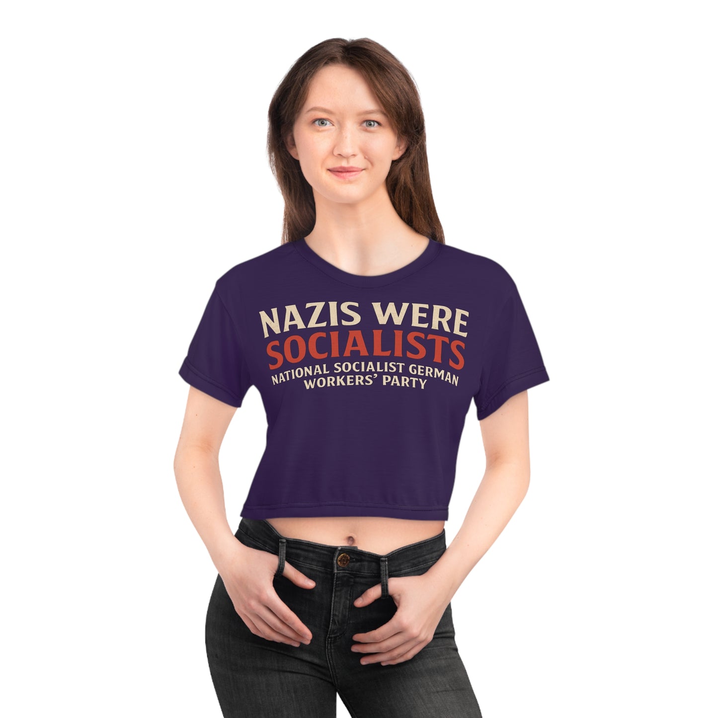 "Nazis were Socialists", Wearable Pattern Art Crop Tee (Russian Violet)
