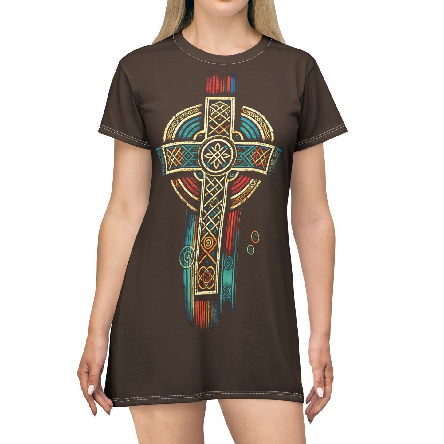 "Ancestral Faith", Wearable Art T-Shirt Dress (Dark Chocolate Brown)