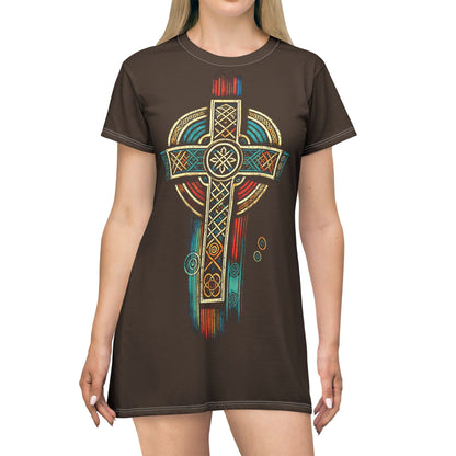 "Ancestral Faith", Wearable Art T-Shirt Dress (Dark Chocolate Brown)