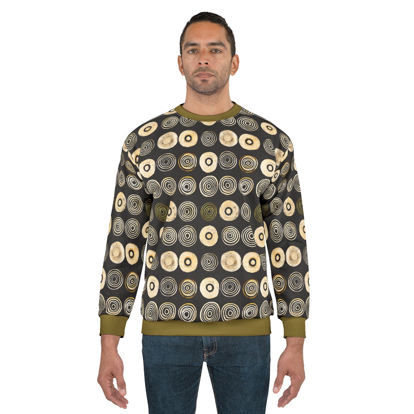 "Punk Polka", Wearable Pattern Art Unisex Sweatshirt (Soft Fig Green Cuffs)