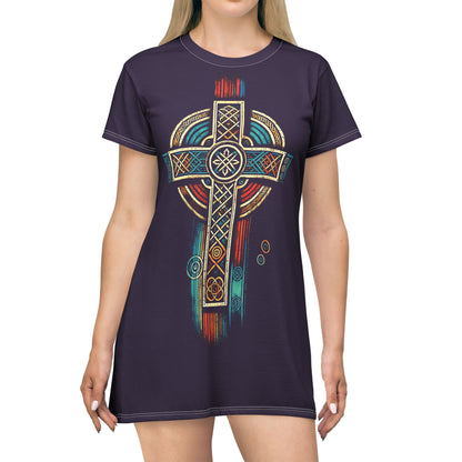 "Ancestral Faith", Wearable Art T-Shirt Dress (Academic Purple)
