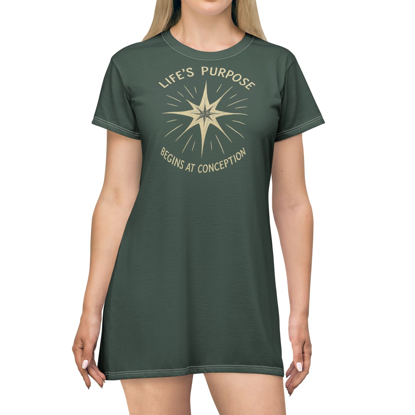 "Life's Purpose Begins at Conception #02", T-Shirt Dress (Old Growth Green)