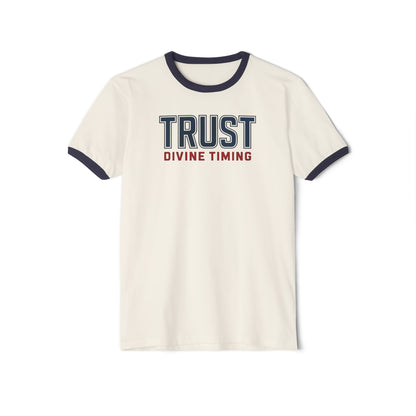 "Trust Divine Timing" #02, Unisex Cotton Ringer T-Shirt