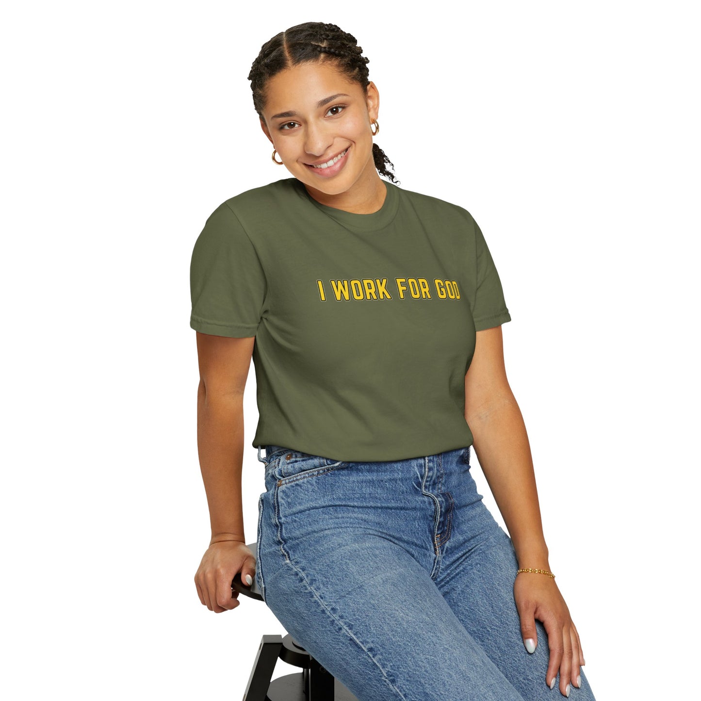 "I Work for God" Unisex T-shirt (Gold Font)
