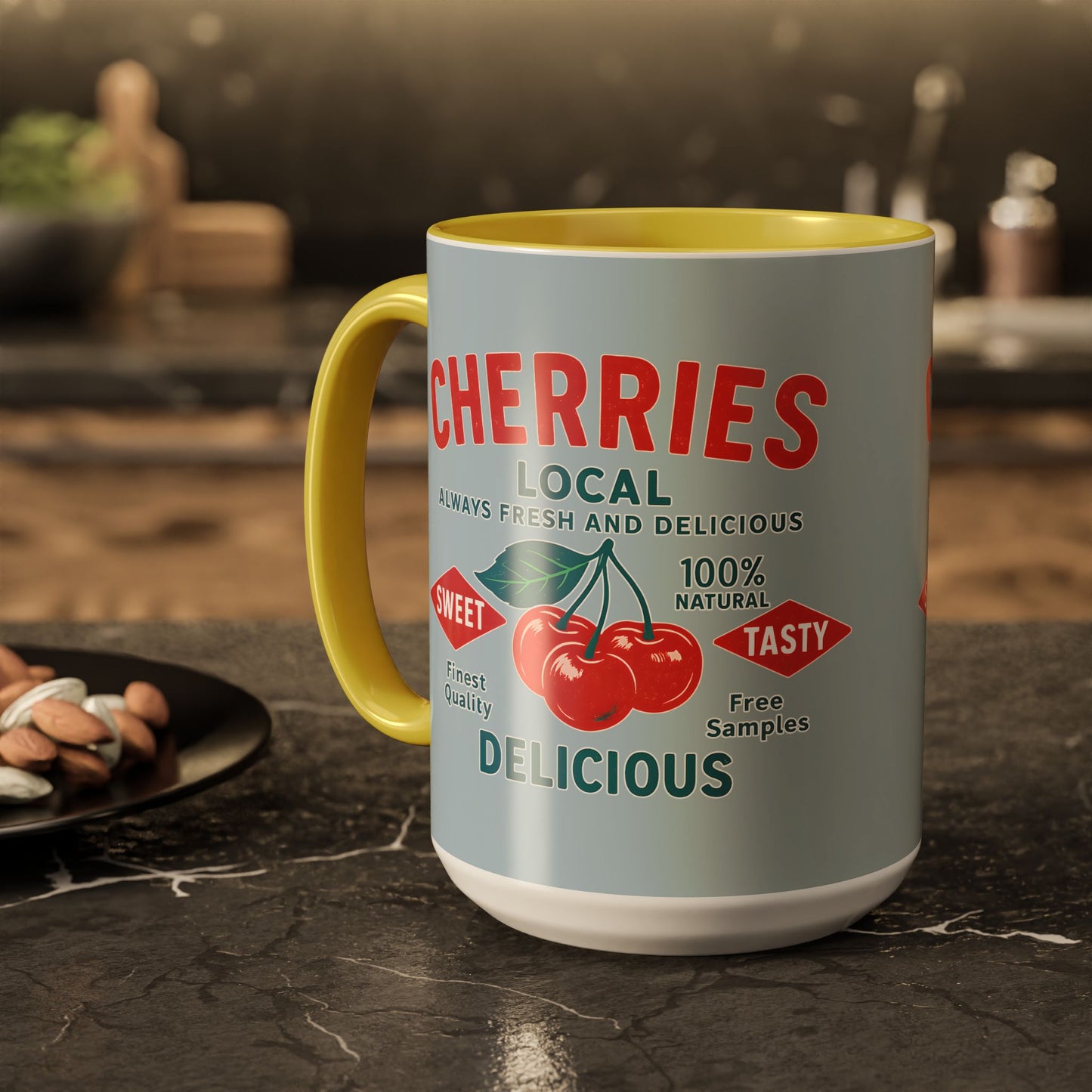 "Delicious Cherries", Colorful Mugs (11oz, 15oz) (Washed Silver-Blue)