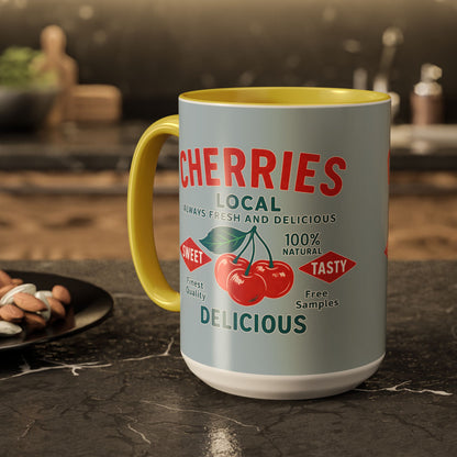 "Delicious Cherries", Colorful Mugs (11oz, 15oz) (Washed Silver-Blue)