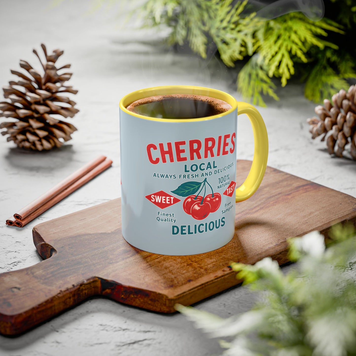 "Delicious Cherries", Colorful Mugs (11oz, 15oz) (Washed Silver-Blue)