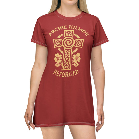 "Archie Kilmor Cross - Reforged" #01, Wearable Art T-Shirt Dress (Carnelian Red)