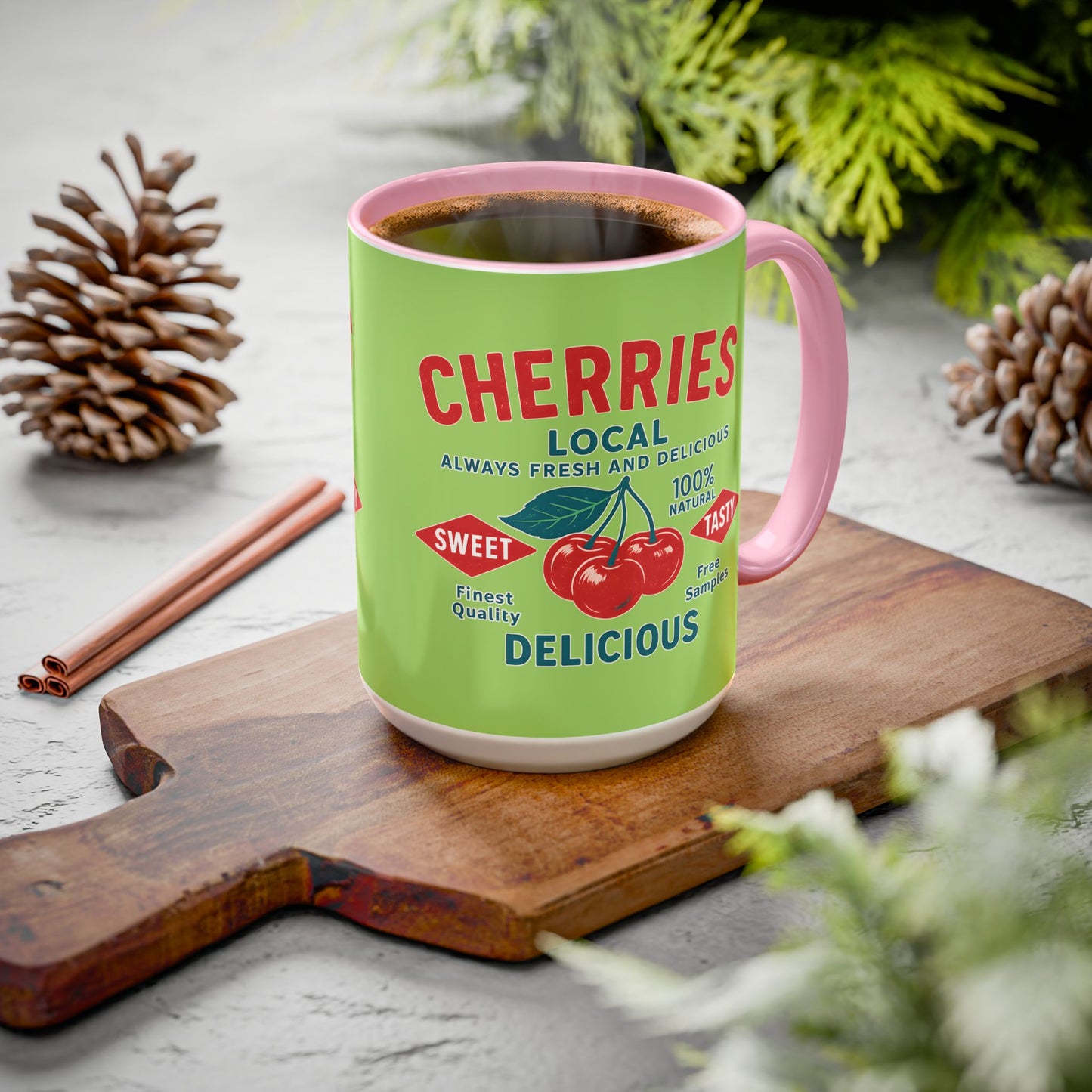 "Delicious Cherries", Colorful Mugs (11oz, 15oz) (Orchard Lime)