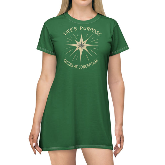 "Life's Purpose Begins at Conception #02", T-Shirt Dress (Dartmouth Green)