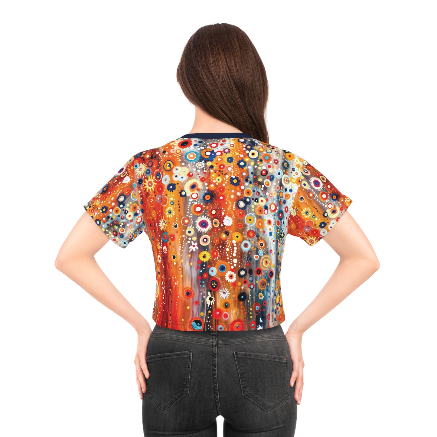 "Raining Flowers", Wearable Fine Art Crop Tee (Deep Ocean Blue Collar)