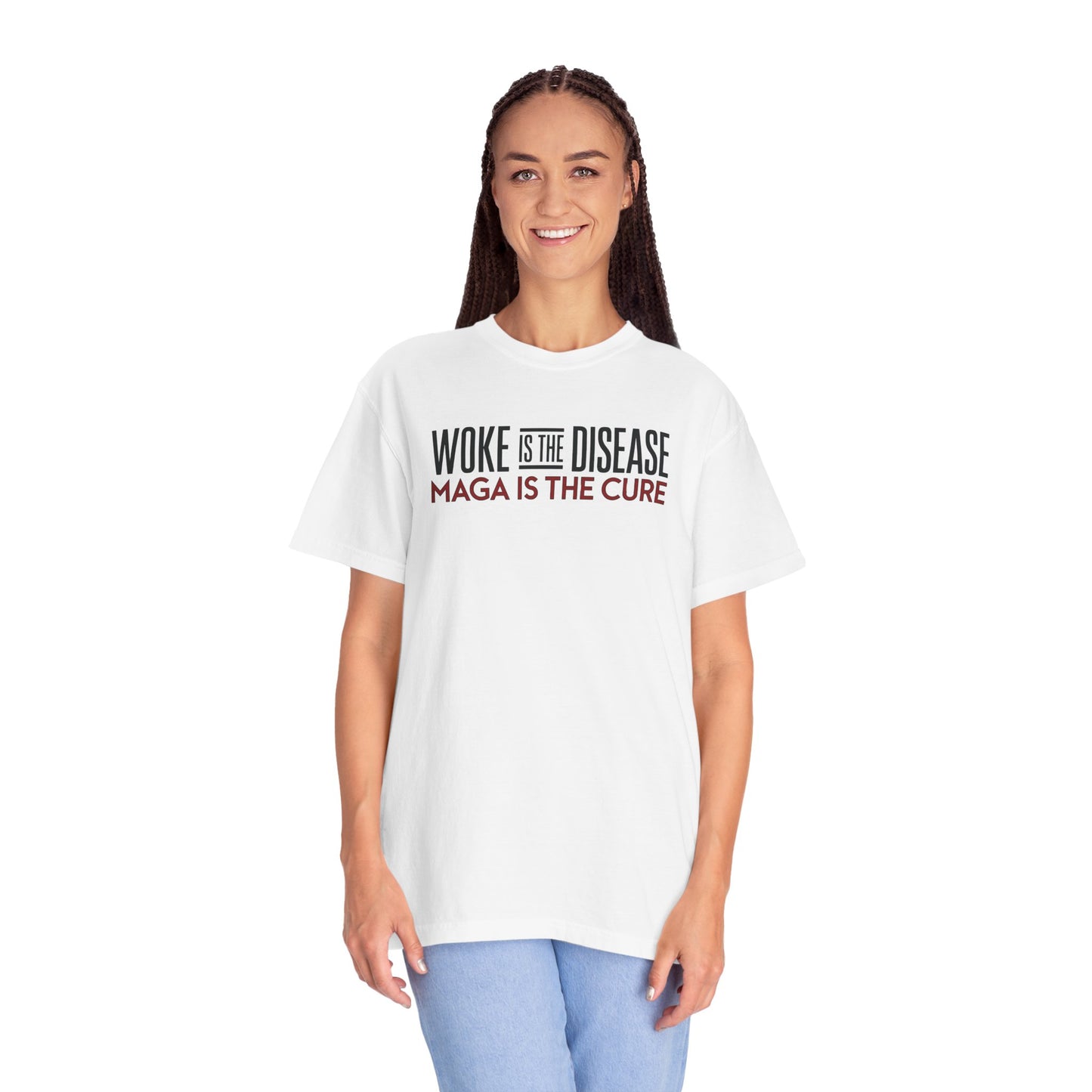 "Woke is the Disease - Maga is the Cure", Unisex T-shirt