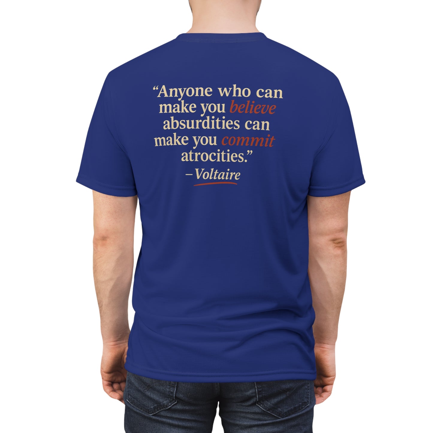 "Beware Woke - Voltaire", Wearable Art Unisex T-shirt (Twilight Blue)
