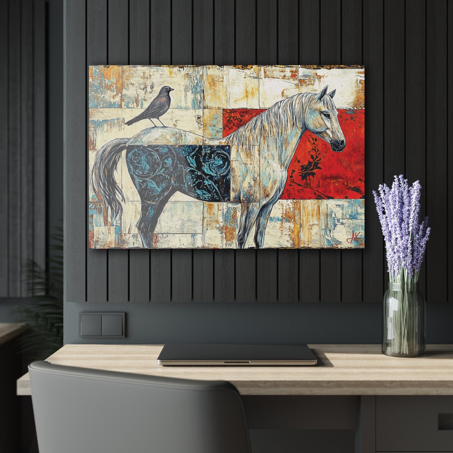 "Series: White Horse with Bird #01", Fine Art Acrylic Wall Prints (French Cleat Hanging)