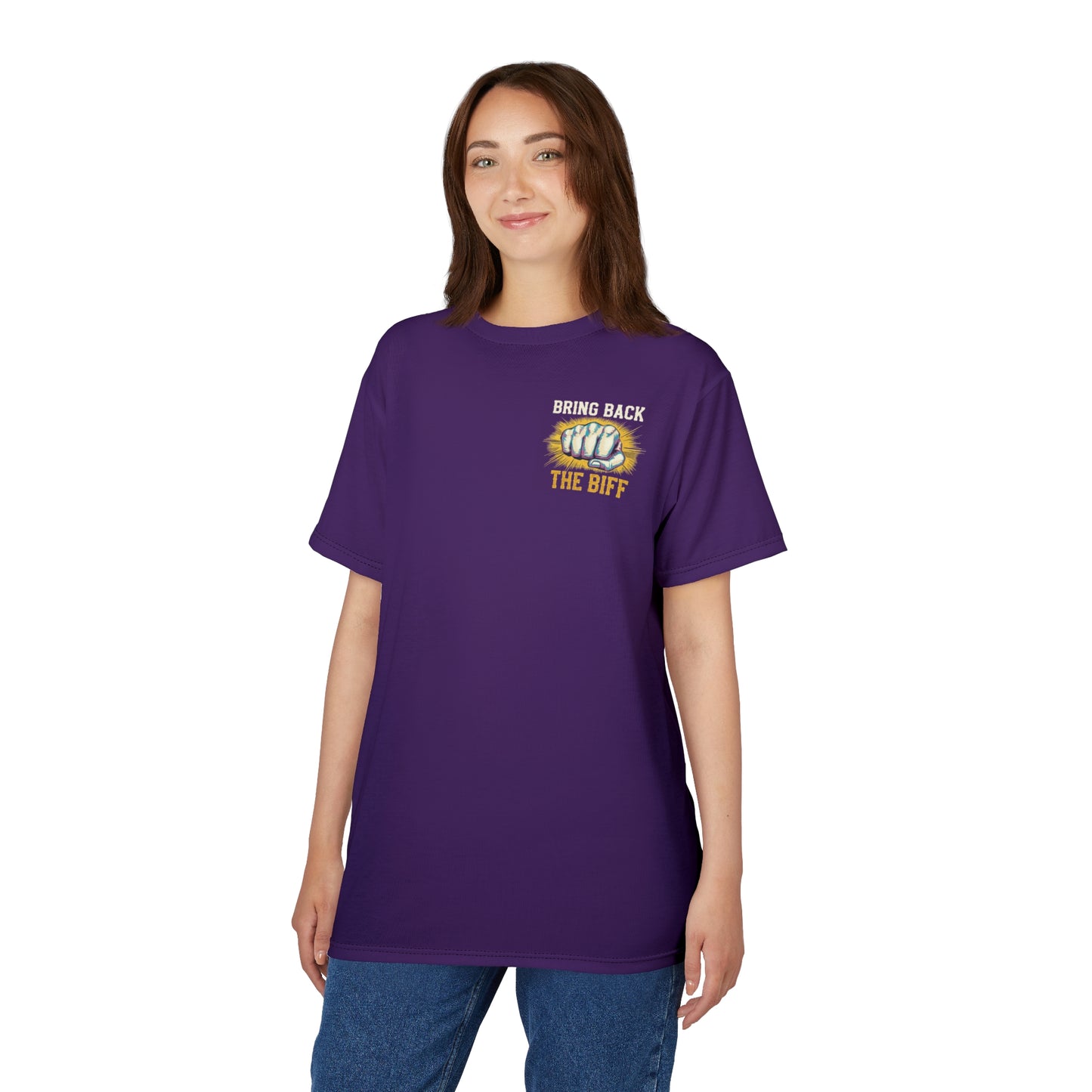 "Bring Back The Biff", Unisex T-shirt (Quandong Plum)