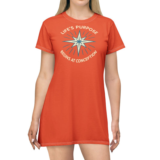 "Life's Purpose Begins at Conception #01", T-Shirt Dress (Tilted Pinball Orange)