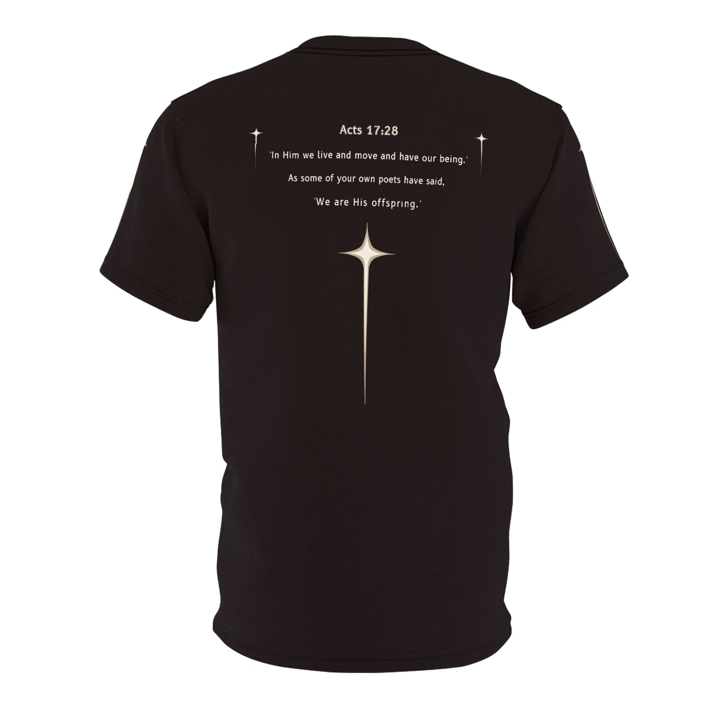 "Acts 17:28", Unisex T-shirt (Licorice Black)