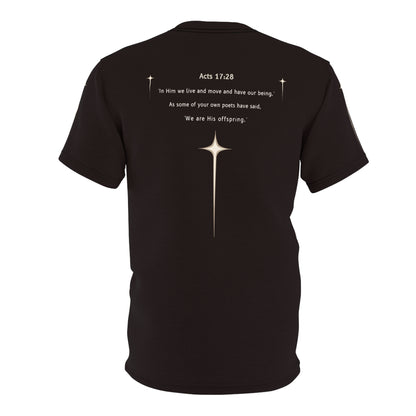 "Acts 17:28", Unisex T-shirt (Licorice Black)