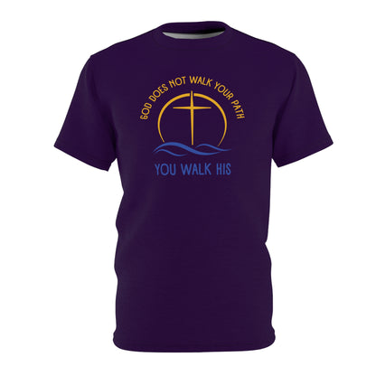 "God Does Not Walk Your Path", Unisex T-shirt (Academic Purple)
