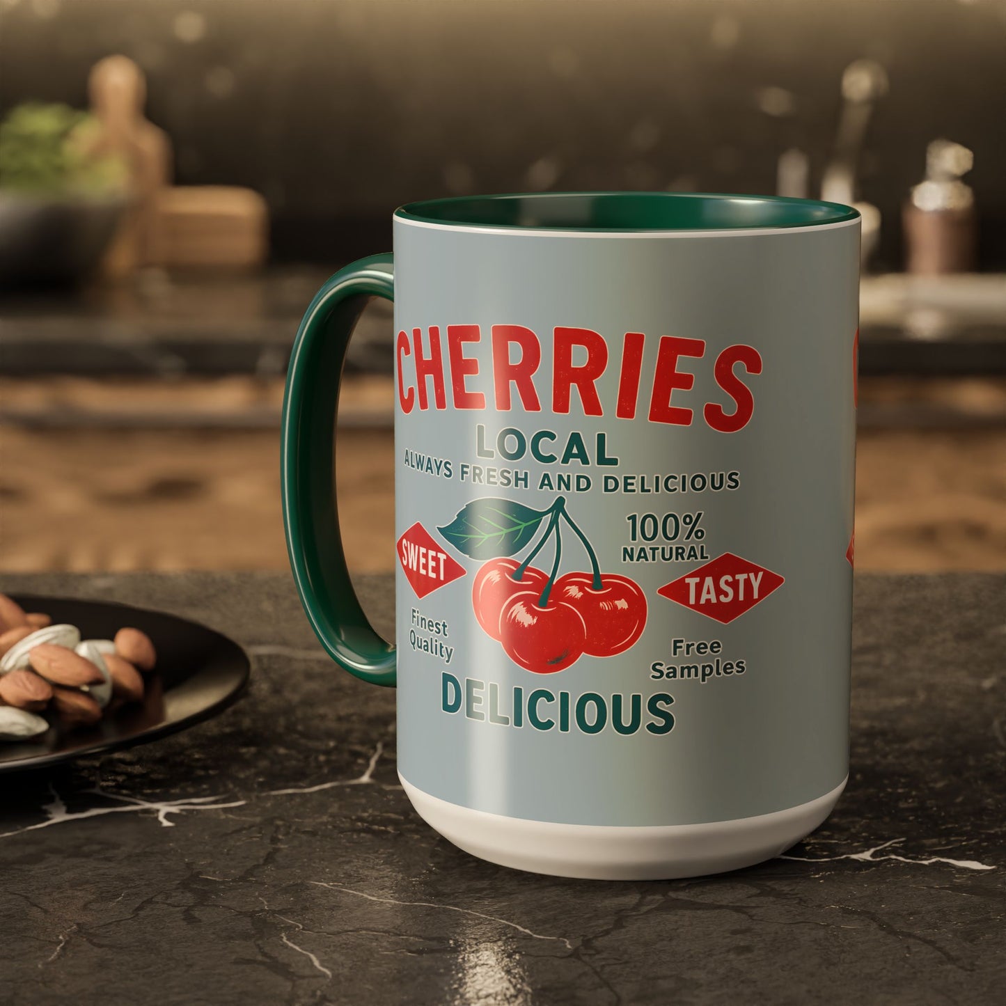 "Delicious Cherries", Colorful Mugs (11oz, 15oz) (Washed Silver-Blue)