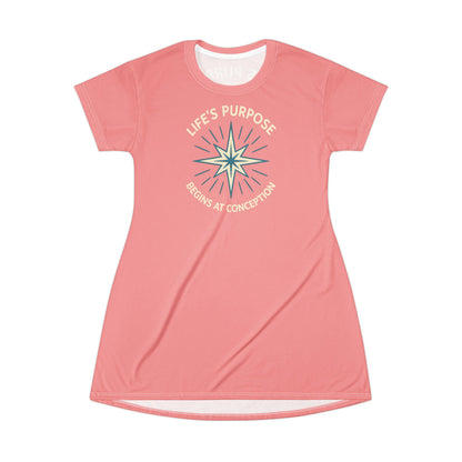 "Life's Purpose Begins at Conception #01", T-Shirt Dress (Pastel Red)