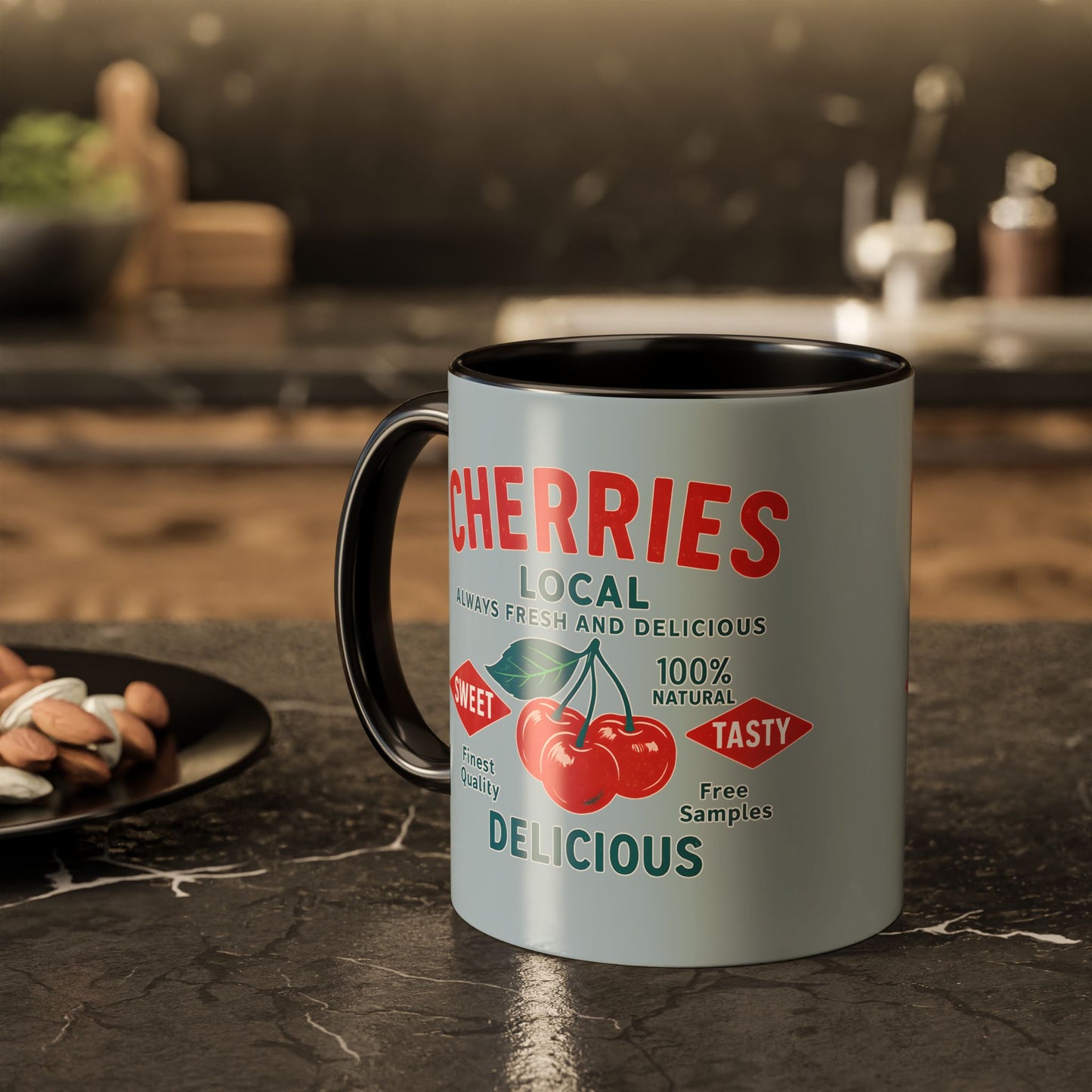 "Delicious Cherries", Colorful Mugs (11oz, 15oz) (Washed Silver-Blue)