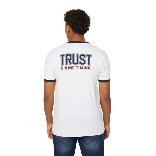 "Trust Divine Timing" #02, Unisex Cotton Ringer T-Shirt