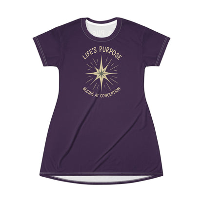 "Life's Purpose Begins at Conception #02", T-Shirt Dress (Imperial Plum)