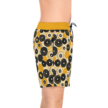 "Old 45's", Men's Mid-Length Swim Shorts (Cyber Yellow Cuffs)