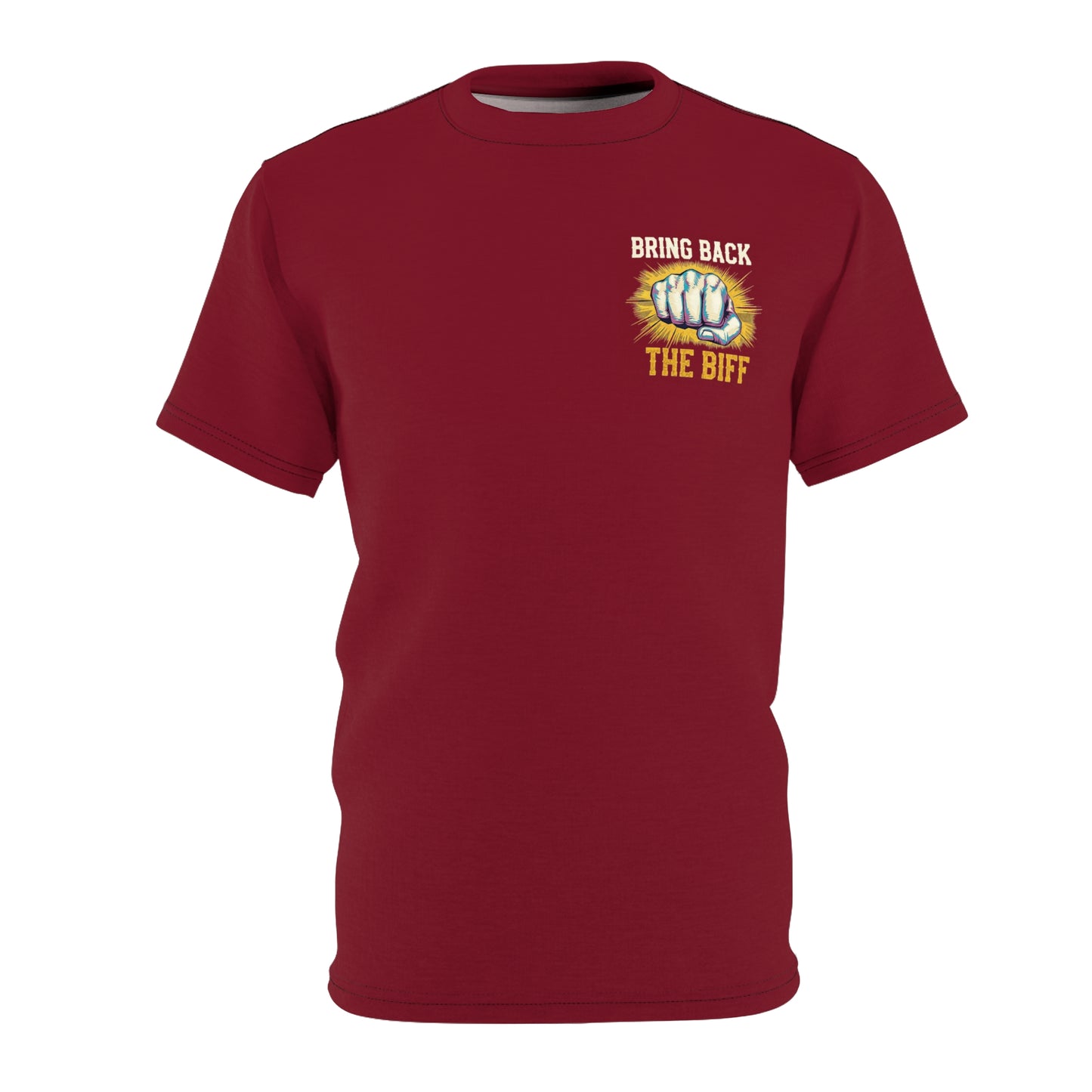 "Bring Back The Biff", Unisex T-shirt (Dark Cherry Red)