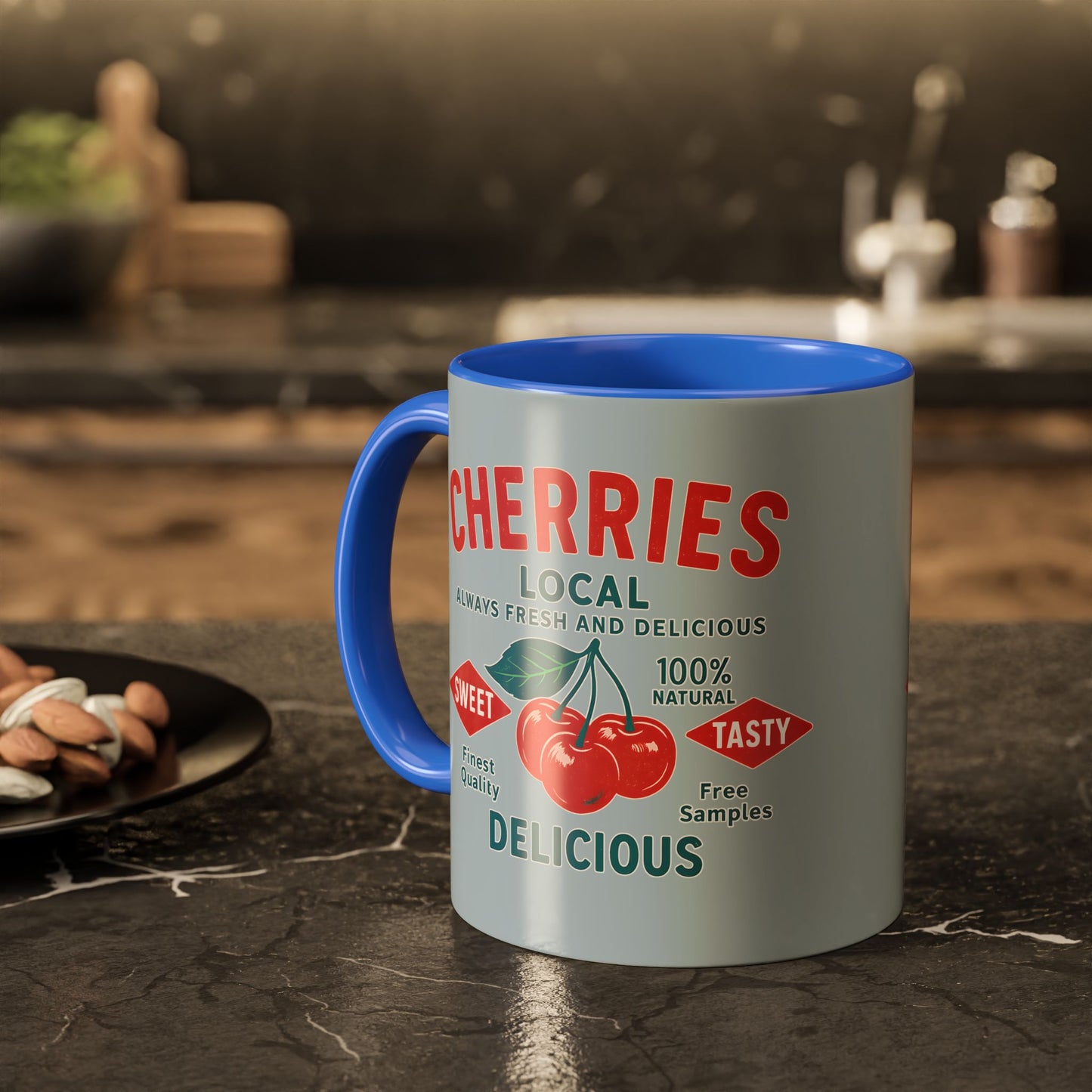 "Delicious Cherries", Colorful Mugs (11oz, 15oz) (Washed Silver-Blue)