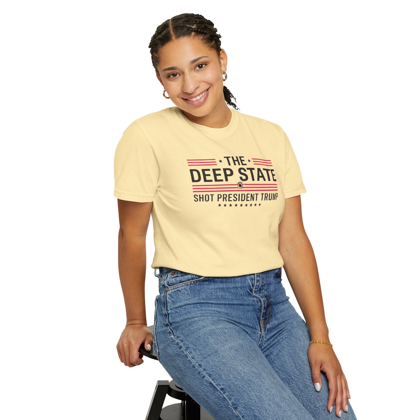"The Deep State Shot President Trump" #02, Unisex White T-shirt