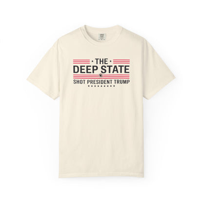 "The Deep State Shot President Trump" #02, Unisex White T-shirt