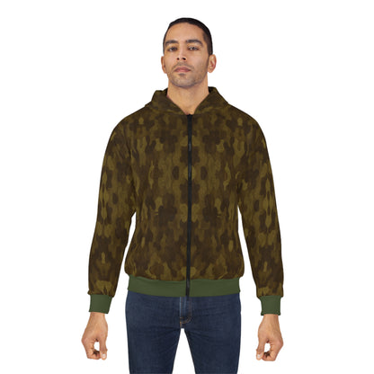 "Swamp Recon Camouflage", Unisex Wearable Art Zip Hoodie (Fen Moss Green Cuffs and Waist)