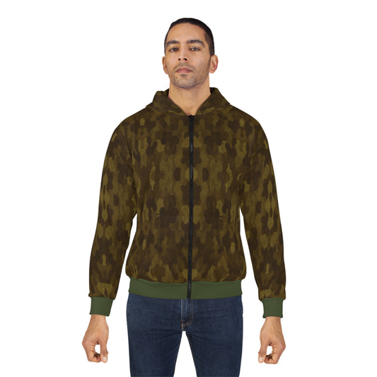 "Swamp Recon Camouflage", Unisex Wearable Art Zip Hoodie (Fen Moss Green Cuffs and Waist)