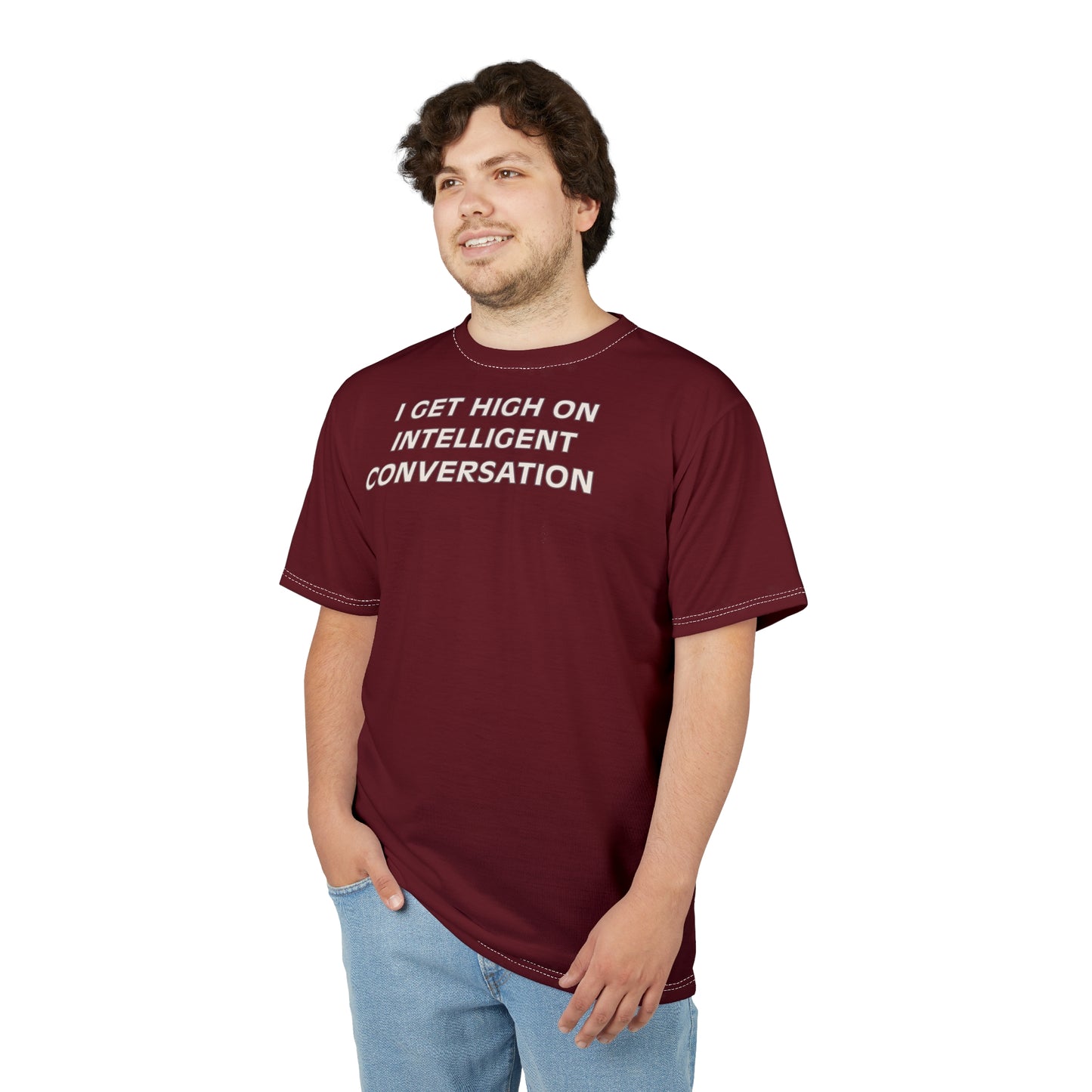 "Intelligent Conversation", Unisex T-shirt (Summer Cherry Red)