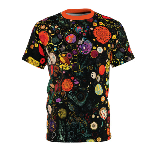 "Divine Riddle", Wearable Fine Art Unisex T-shirt (Tangelo Orange Collar)