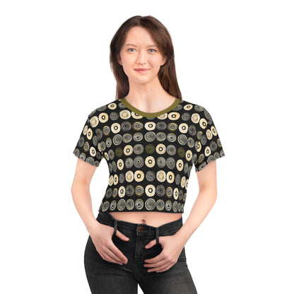 "Punk Polka", Wearable Pattern Art Crop Tee (Soft Fig Green Collar)