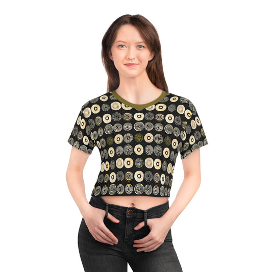 "Punk Polka", Wearable Pattern Art Crop Tee (Soft Fig Green Collar)