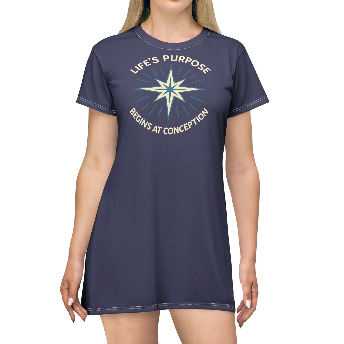 "Life's Purpose Begins at Conception #01", T-Shirt Dress (Ancient Storm)