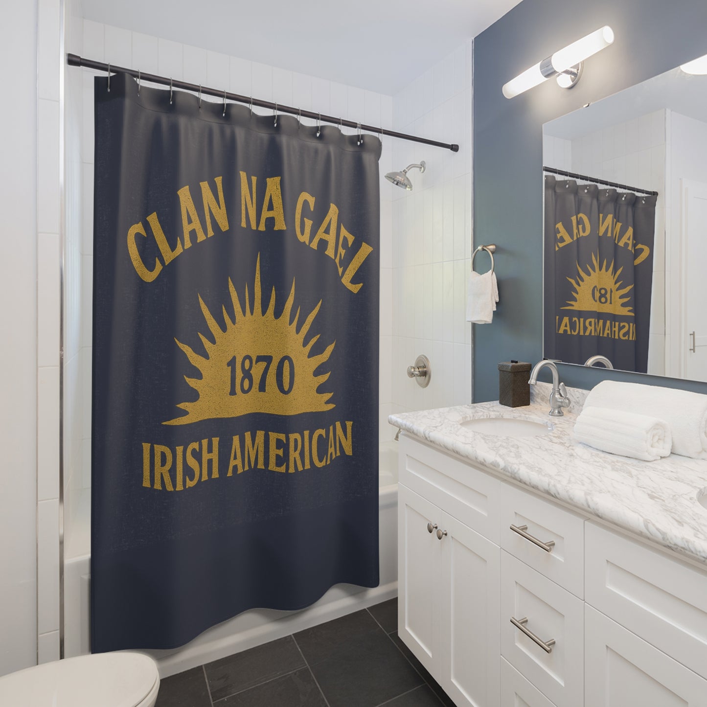 "Clan na Gael - Irish American", Shower Curtains (Blue Burka Grey)