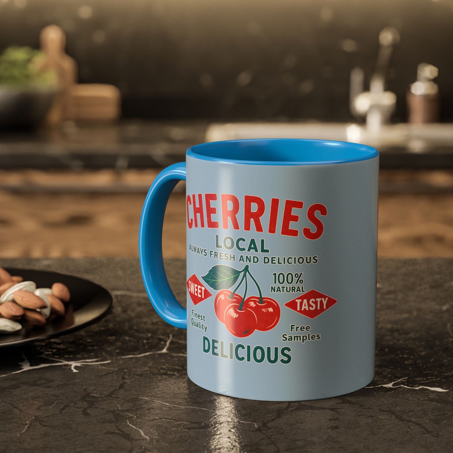 "Delicious Cherries", Colorful Mugs (11oz, 15oz) (Retro Sky)