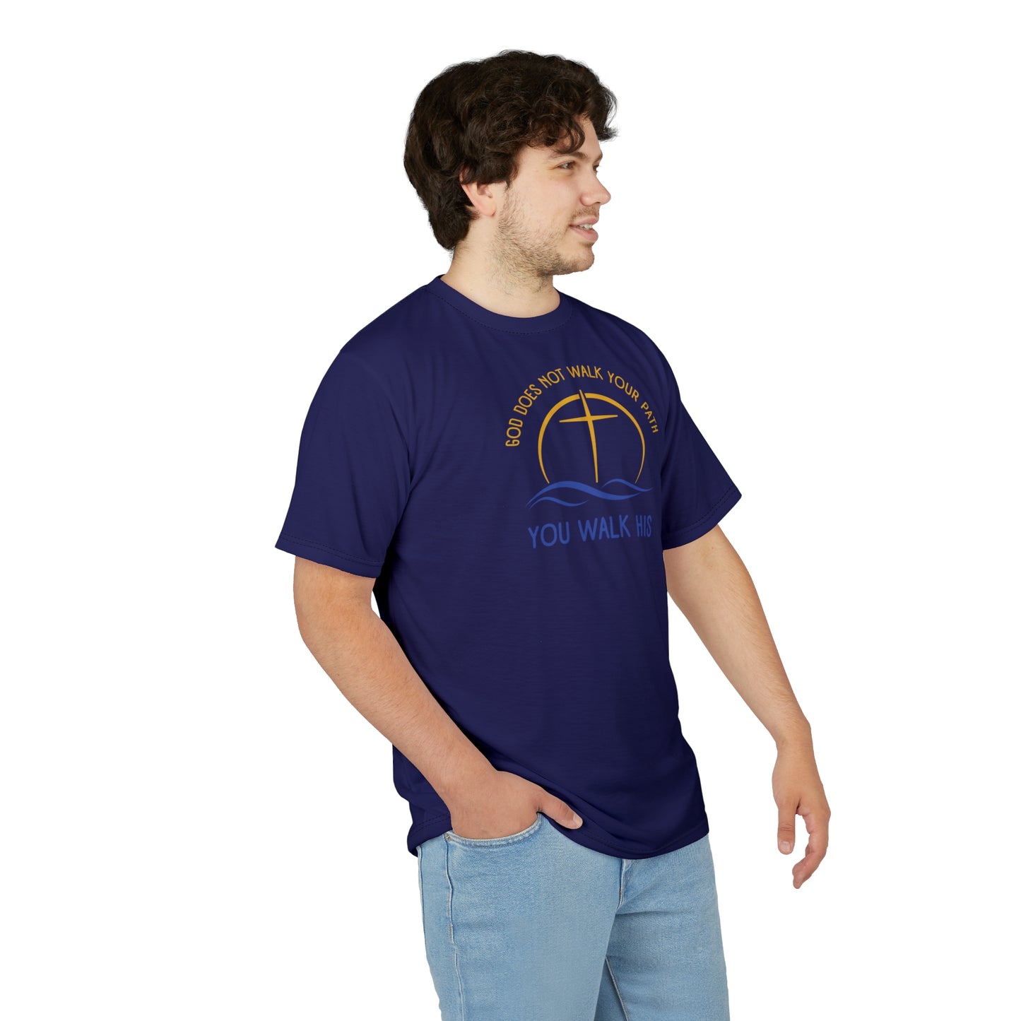 "God Does Not Walk Your Path", Unisex T-shirt (Obsidian Blue)