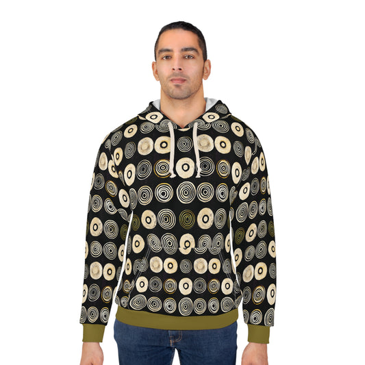 "Punk Polka", Unisex Wearable Art Pullover Hoodie (Soft Fig Green Cuffs)