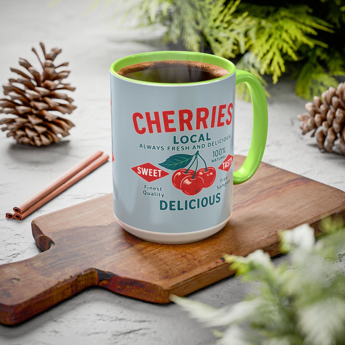 "Delicious Cherries", Colorful Mugs (11oz, 15oz) (Washed Silver-Blue)