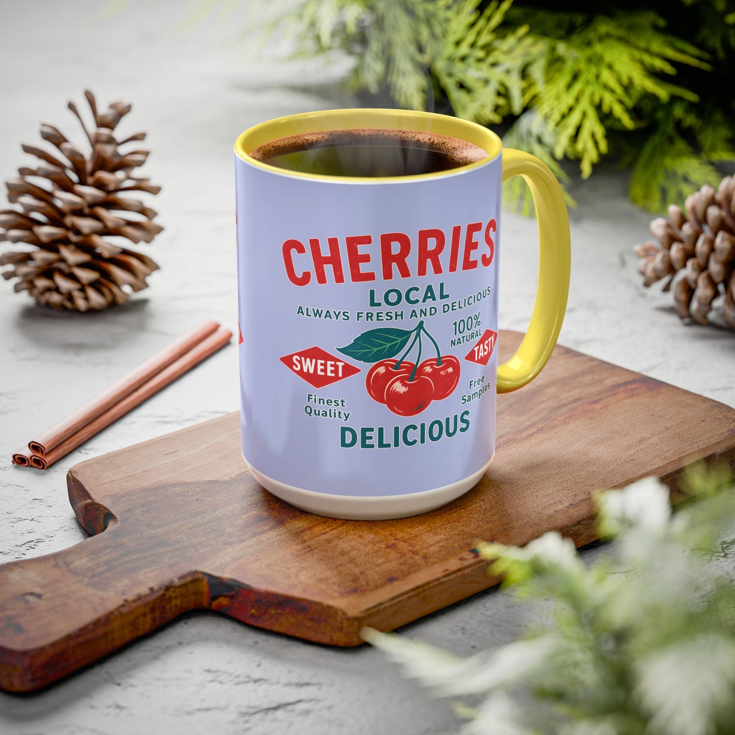 "Delicious Cherries", Colorful Mugs (11oz, 15oz) (Retro Periwinkle)