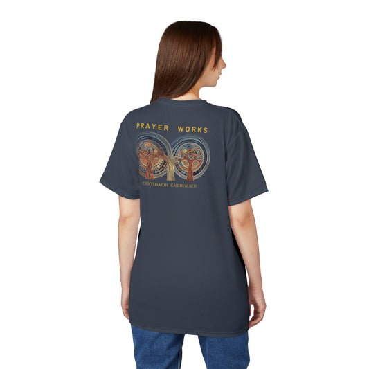 "Prayer Works – Gaelic Christian", Wearable Fine Art Unisex T-shirt (Hearthstone Grey)