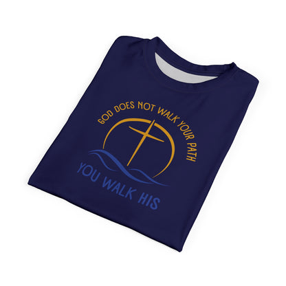 "God Does Not Walk Your Path", Unisex T-shirt (Obsidian Blue)